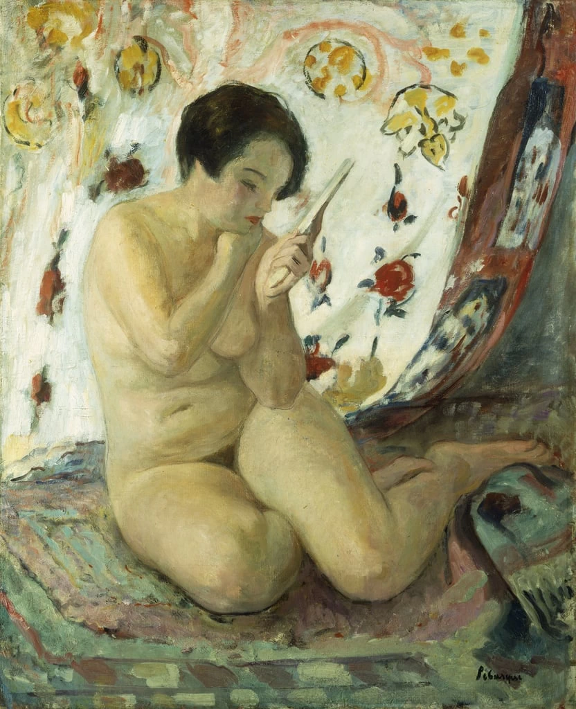Nudo seduto con uno specchio